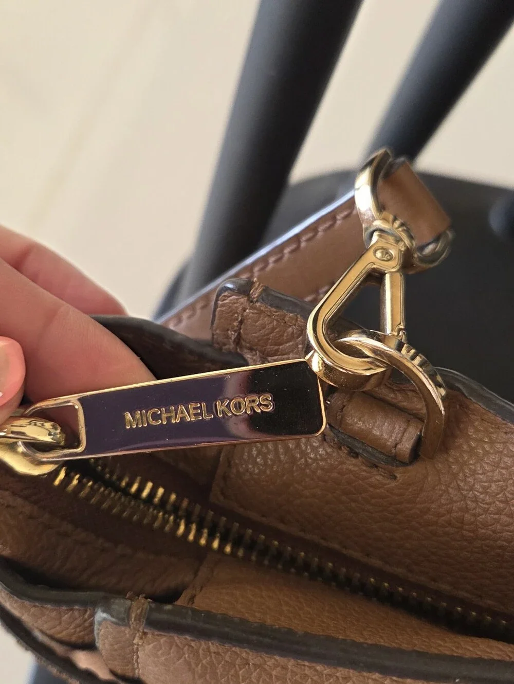 MICHAEL KORS Cognac Pebbled Leather Satchel with Gold Hardware